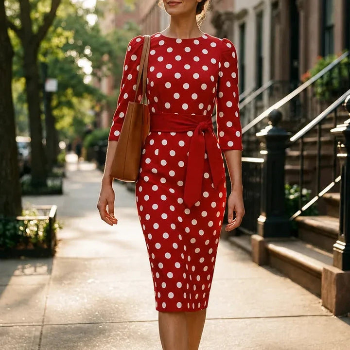 Belora Retro Polka Dot Midi Dress with Belted Waist - Elena Harper