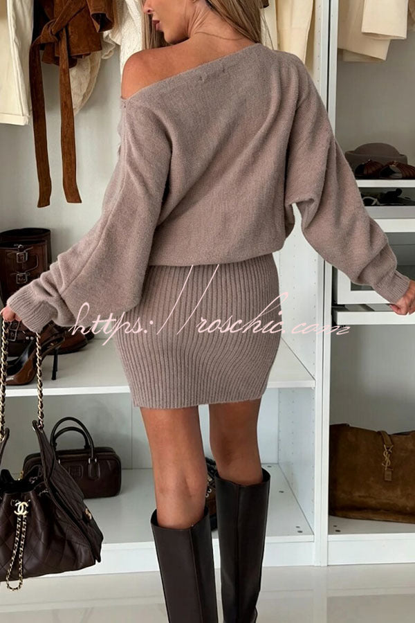 Sexy and Comfortable Knit Boat Neck Long Batwing Sleeve Ribbed Hem Mini Dress, view 10 - Elena Harper