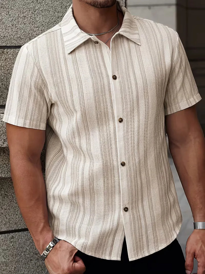 Textured Vertical Stripe Short Sleeve Button Shirt For Men