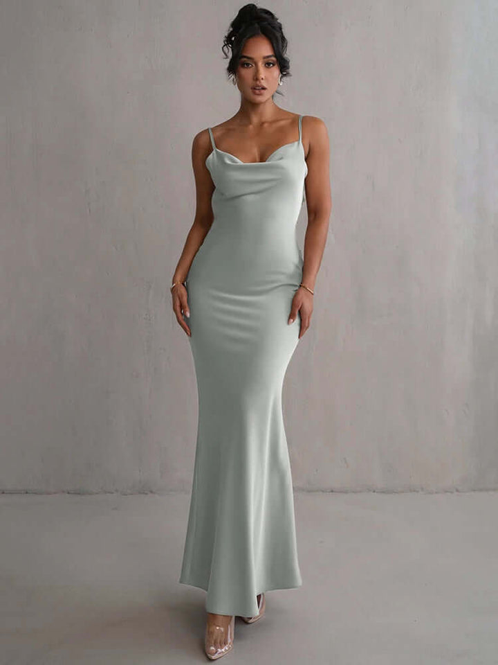 Satin Backless Floral Appliqué Evening Gown