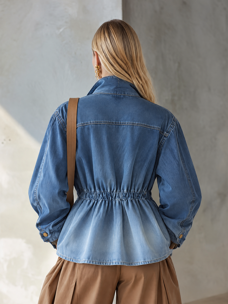 Vintage Utility Faded Wash Cinched Waist Zip Up Peplum Denim Jacket