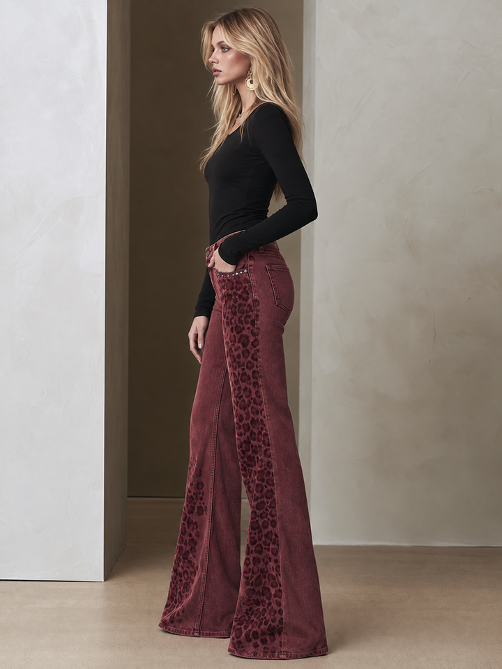 Retro Boho Burgundy Leopard Print Studded Pocket Low Rise Flare Jeans