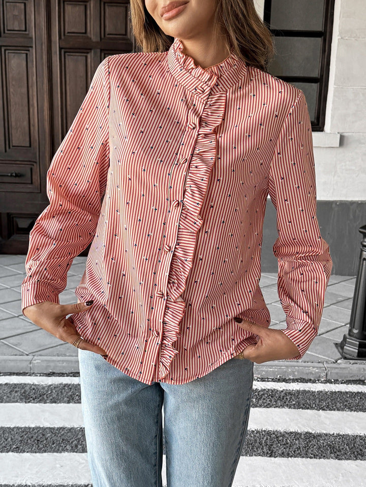 Long Sleeve Women's Blouse with Ruffles and High Neck - Lorena