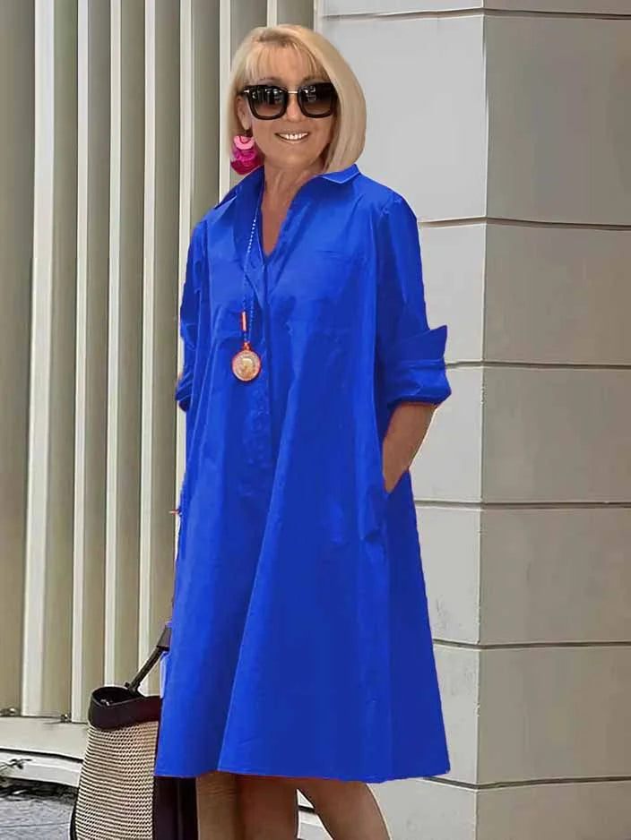 Vireya - Shirt Collar Pocket Midi Dress