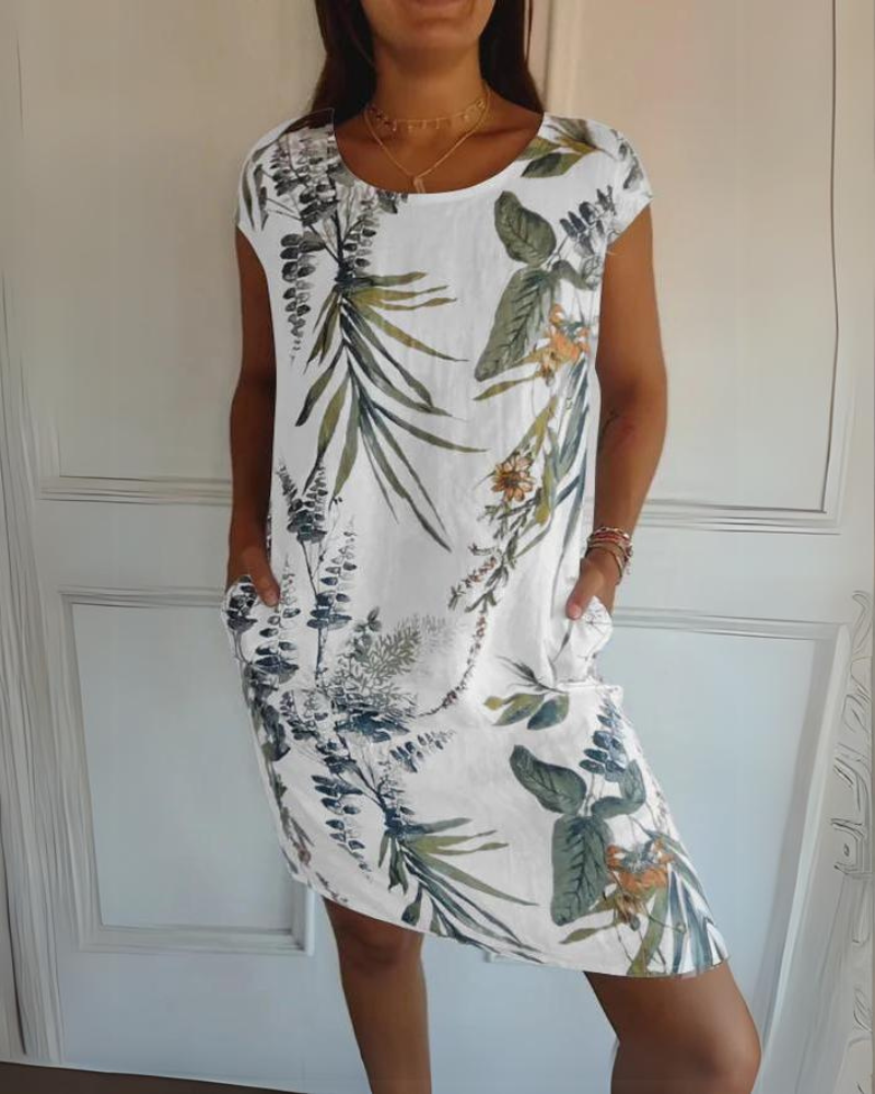 Joana Cotton and Linen Round Neck Printed Dress - Elena Harper