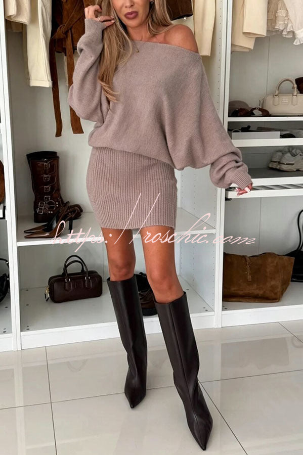 Sexy and Comfortable Knit Boat Neck Long Batwing Sleeve Ribbed Hem Mini Dress, view 9 - Elena Harper