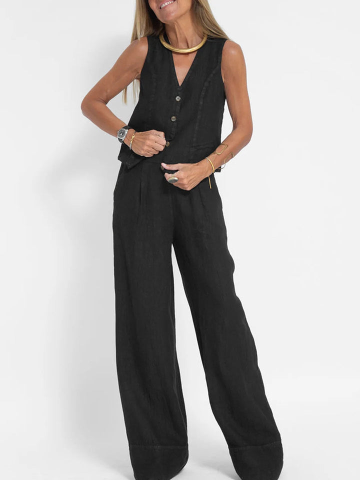 Aira Buttoned Vest & Wide-Leg Trousers Set - Elena Harper