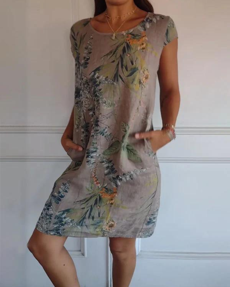 Joana Cotton and Linen Round Neck Printed Dress - Elena Harper