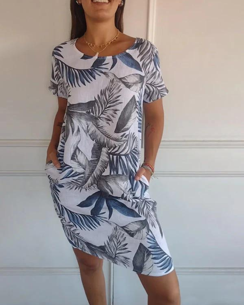 Joana Cotton and Linen Round Neck Printed Dress - Elena Harper