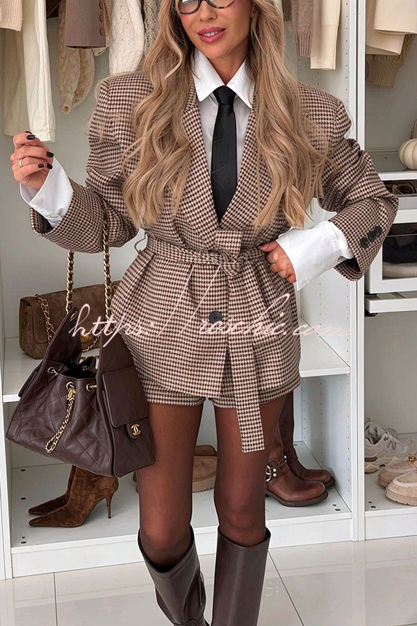 Avant-garde Classic Houndstooth Padded-shoulder Button Belted Oversized Blazer Jacket