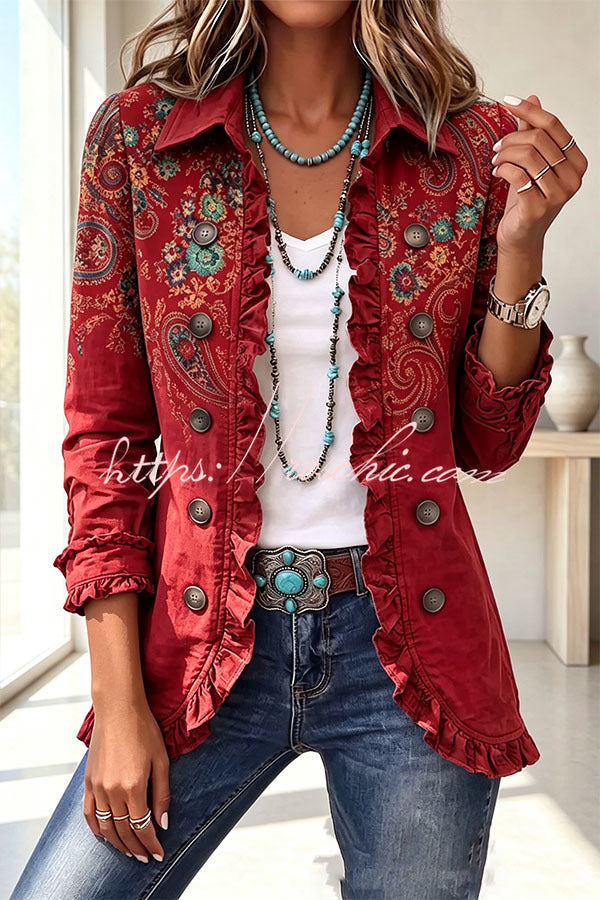 Stylish and Unique Printed Ruffle Trim Button-down Long Sleeve  Jacket