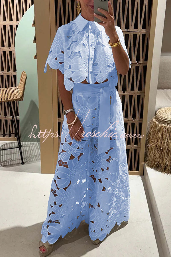 Redefining Elegance Floral Lace Cropped Shirt and Belt Pocketed Wide Leg Pants Set, view 4 - Elena Harper