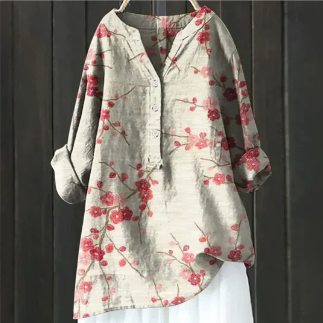 Women's Elegant Floral Long Sleeve Blouse - Versatile V-Neck Top