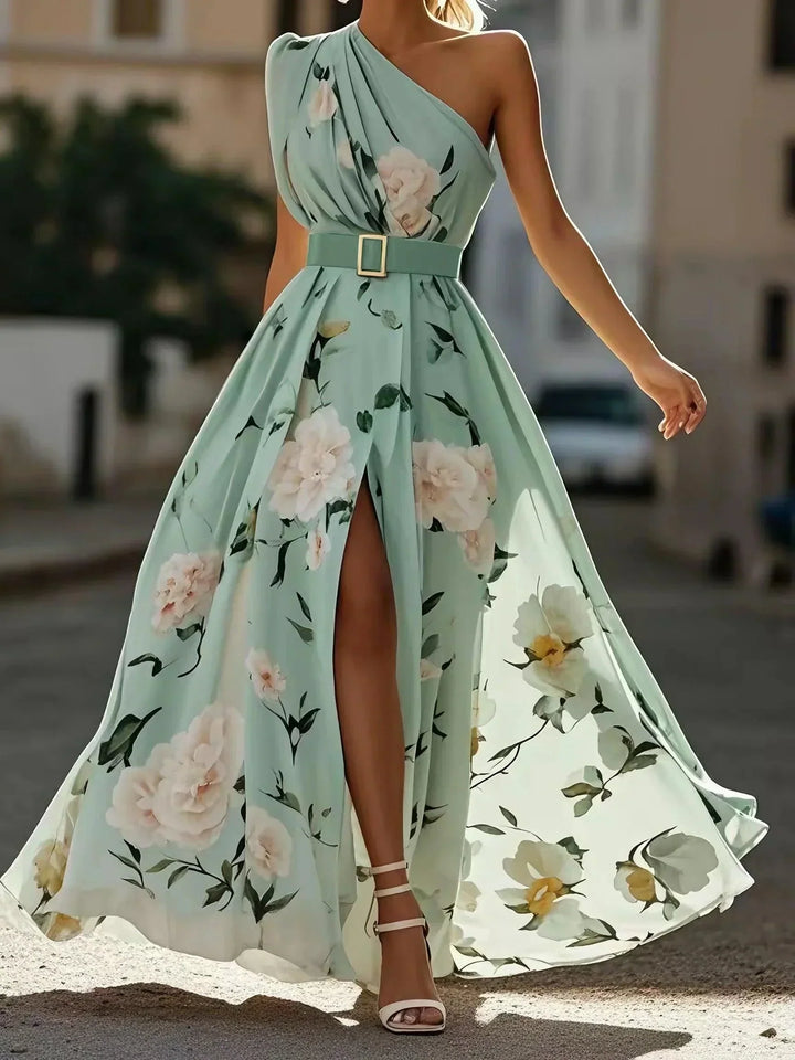 Julie Light Green Floral Chiffon One-Shoulder Maxi Dress - Elena Harper