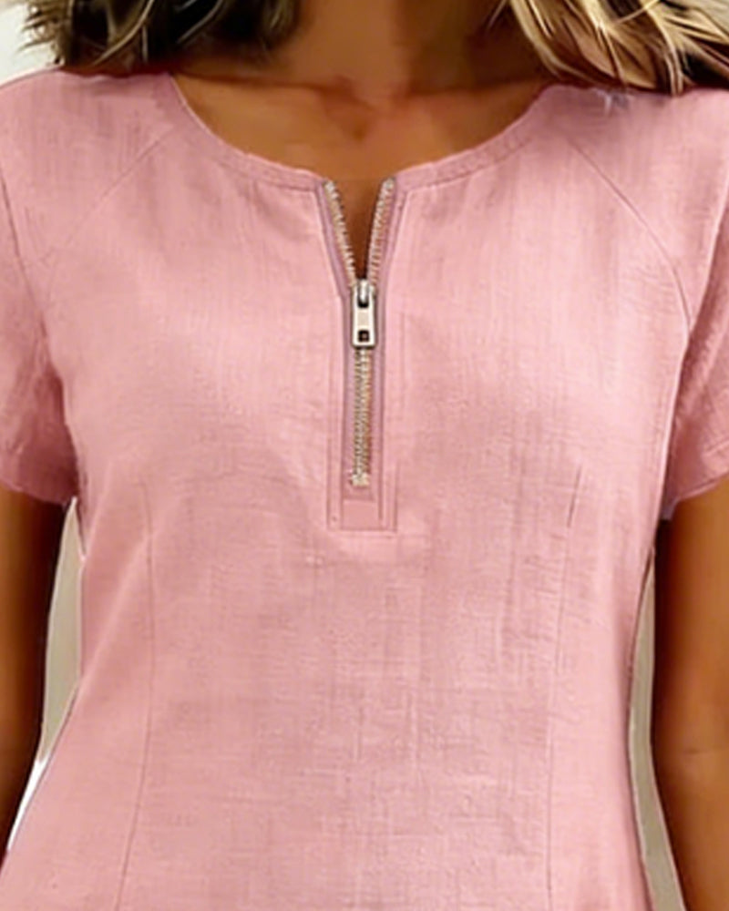 Short Linen and Cotton Dress with Zipper Closure Elegant A-Line Cut - Elena Harper