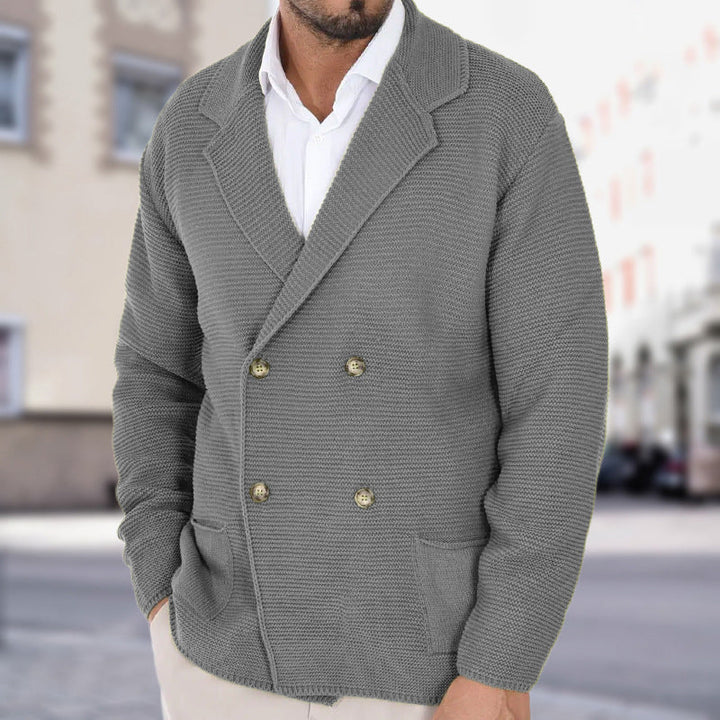 Men's Lapel Cardigan – Fitted Lightweight Double-Breasted Knit Sweater