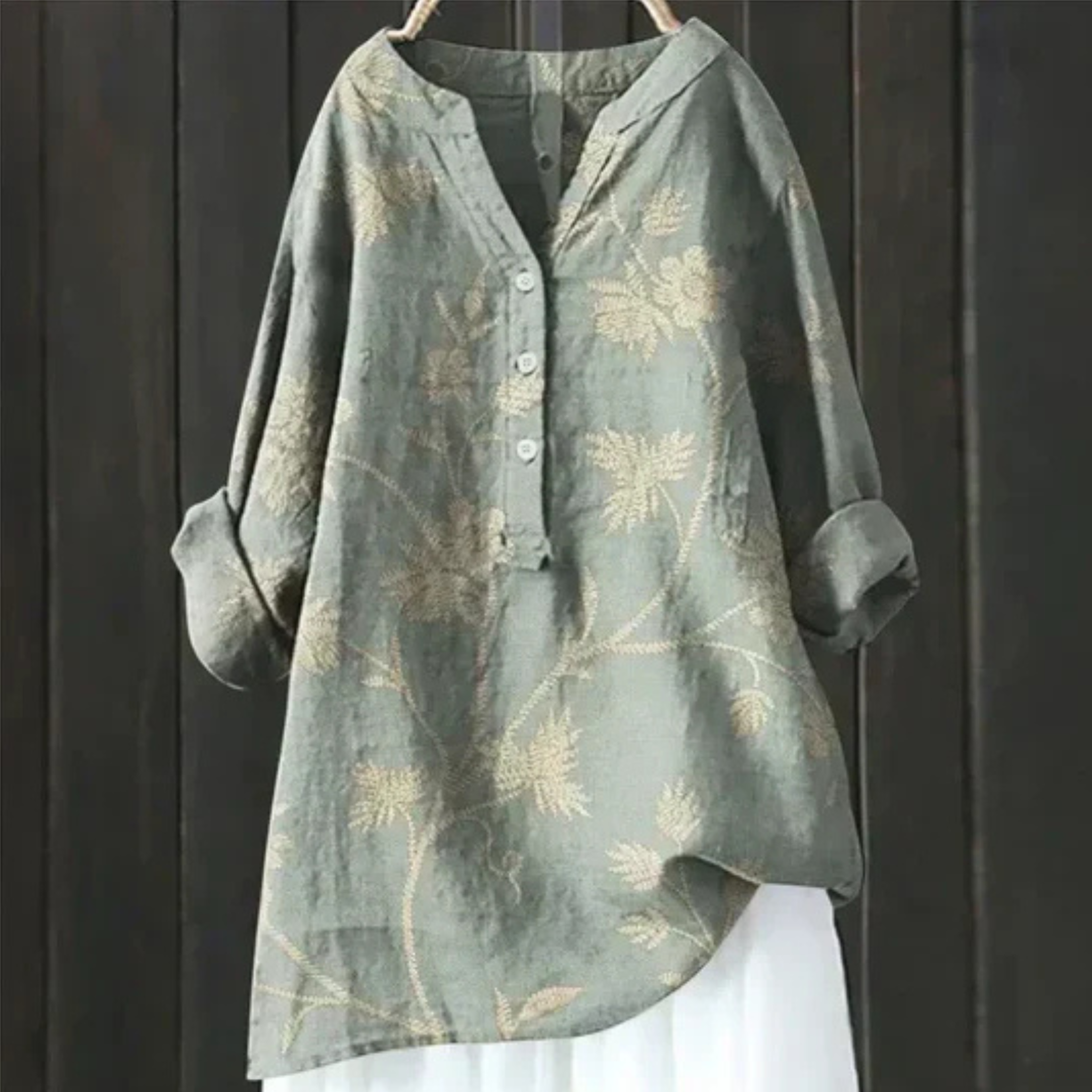 Women's Elegant Floral Long Sleeve Blouse - Versatile V-Neck Top