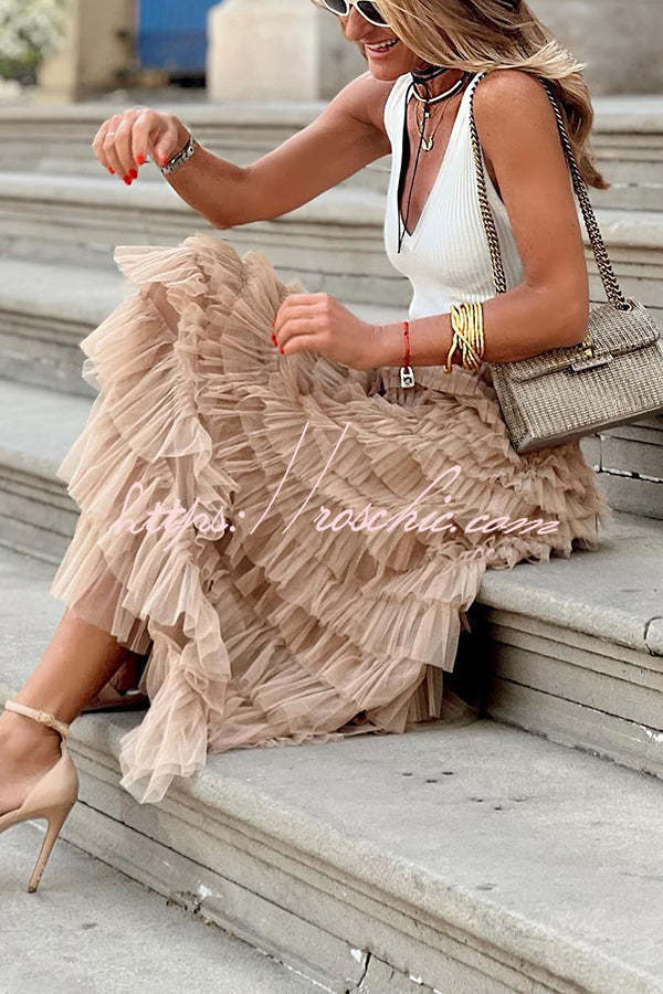 Be Your Own City Queen Tiered Elastic Waist Tulle Maxi Skirt, view 10 - Elena Harper
