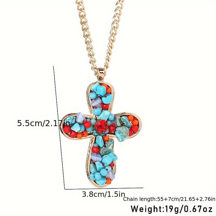 Bohemian Vibrant Colorful Turquoise Cross Pendant Necklace - Elena Harper