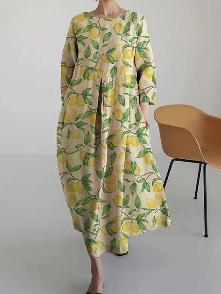 Basil Trendy Lemon Print Loose Midi Dress - Elena Harper