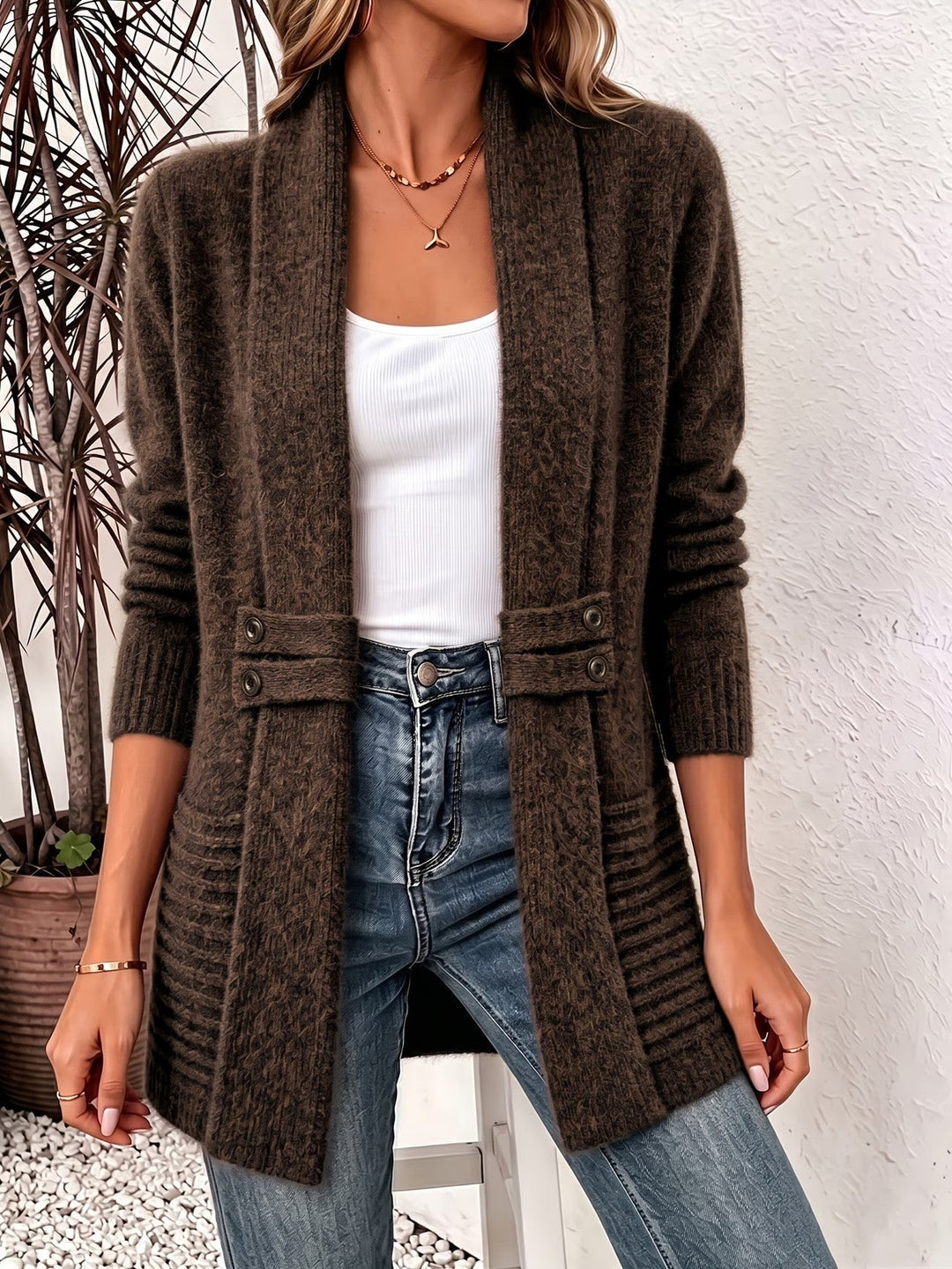 Cynthia | Women's Ribbed Cardigan with Button Tab in Chocolate