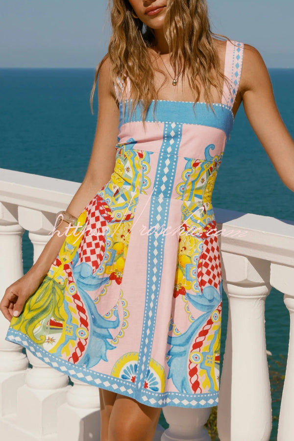 Unique Print Square Neck Sleeveless Casual Pocket Mini Dress, view 9 - Elena Harper