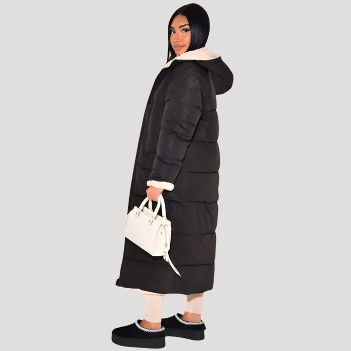 Reversible Long Women's Down Jacket with Borg Lining
