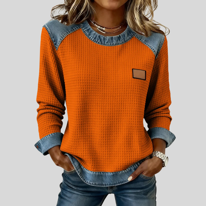 Delancine Patchwork Design Waffle Sweatshirt - Elena Harper