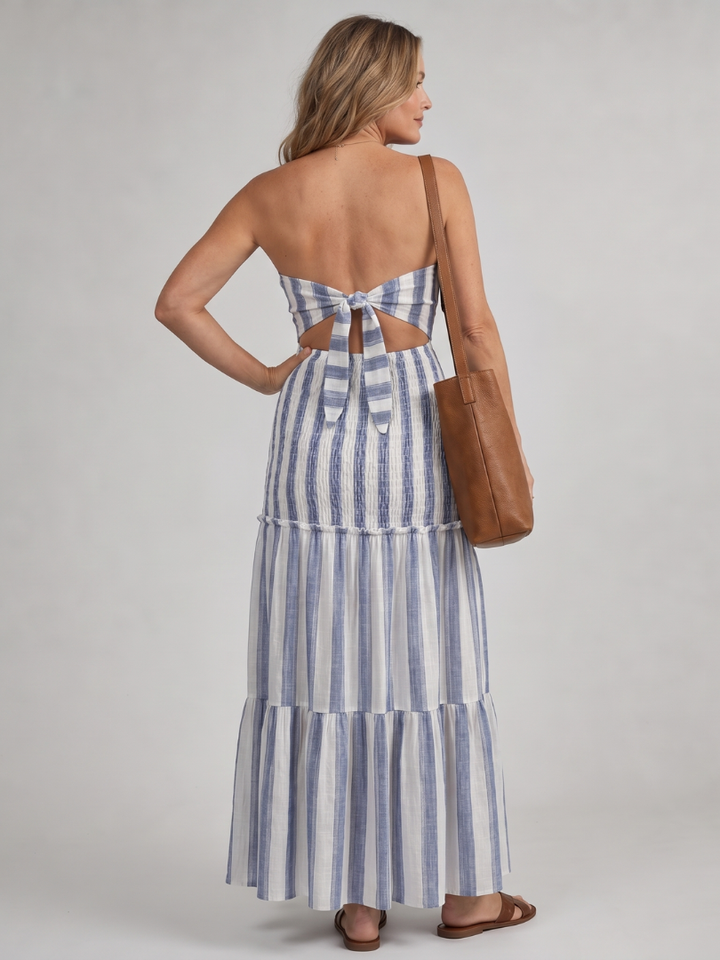 Azaria Strapless Tiered Stripe Skirt Midi Dress - Elena Harper