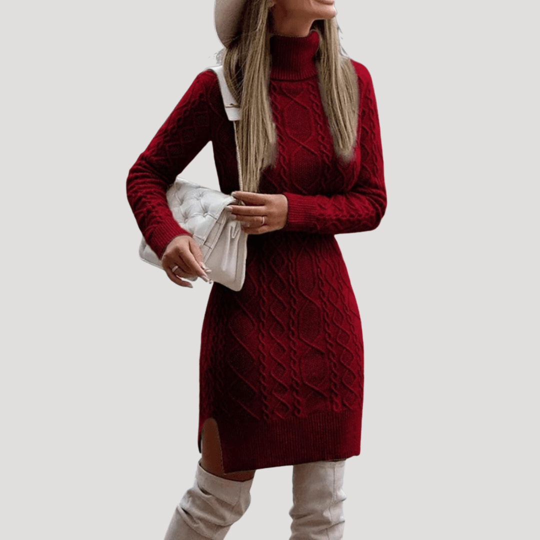 Women's Midi Dress in Twisted Knit with High Neck
