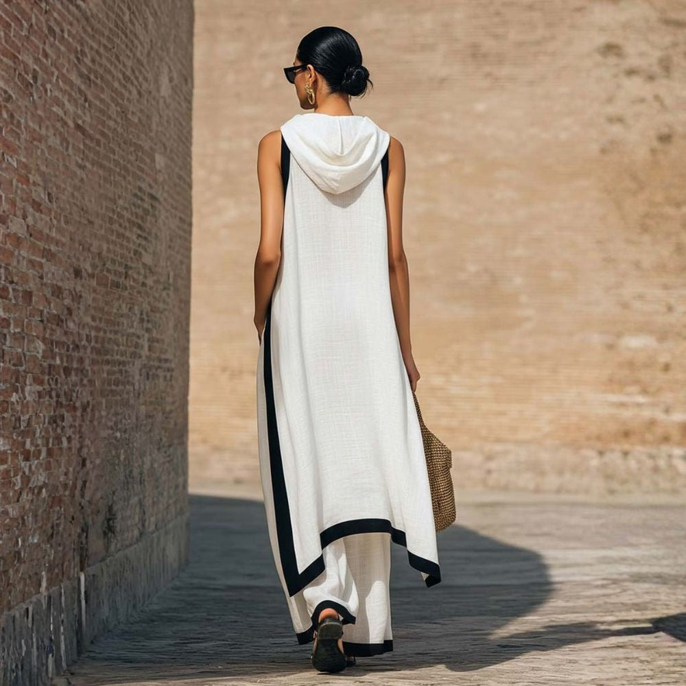 Women's Linen and Cotton Outfit with Asymmetrical Tunic and Wide Pants
