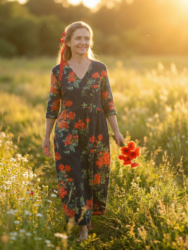 Cyrus Calm Drape Floral Midi Dress - Elena Harper
