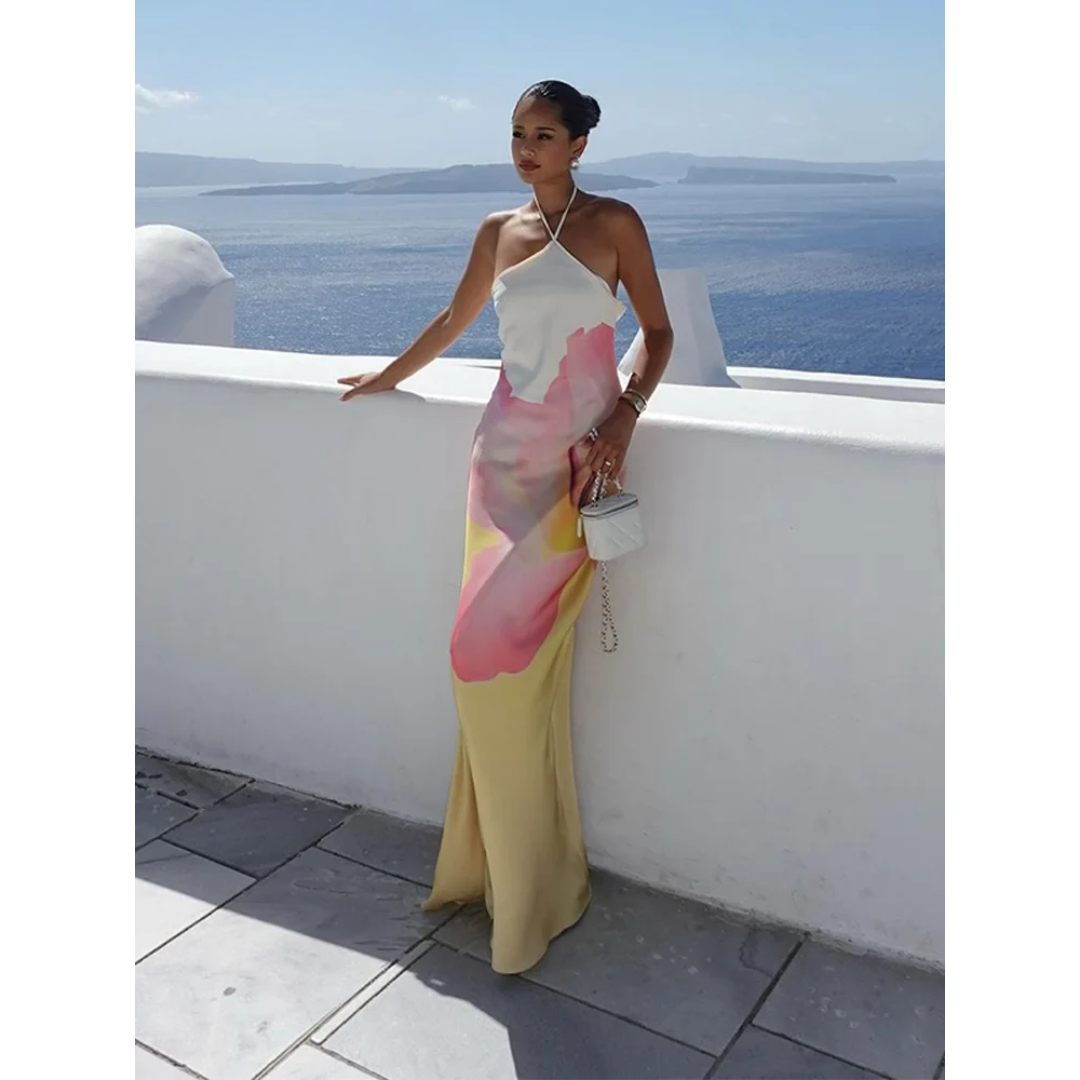 Ismena Elegant Skew Neck Floral Maxi Dress - Elena Harper