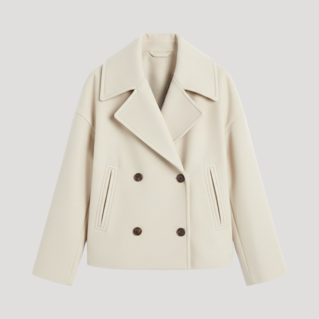 Women's Wool Double-Breasted Crossed Coat with Notched Collar
