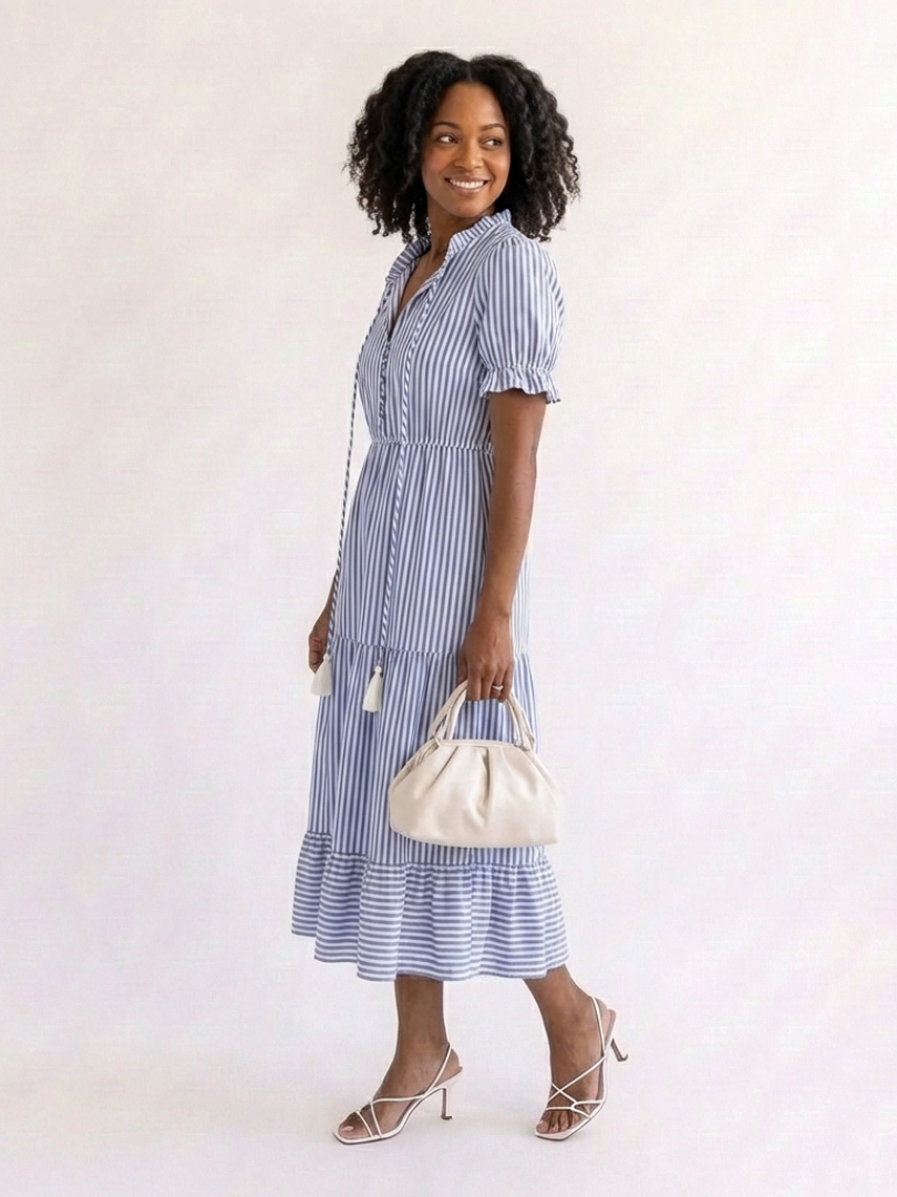 Dakota Short Sleeve Striped Tiered Midi Dress - Elena Harper