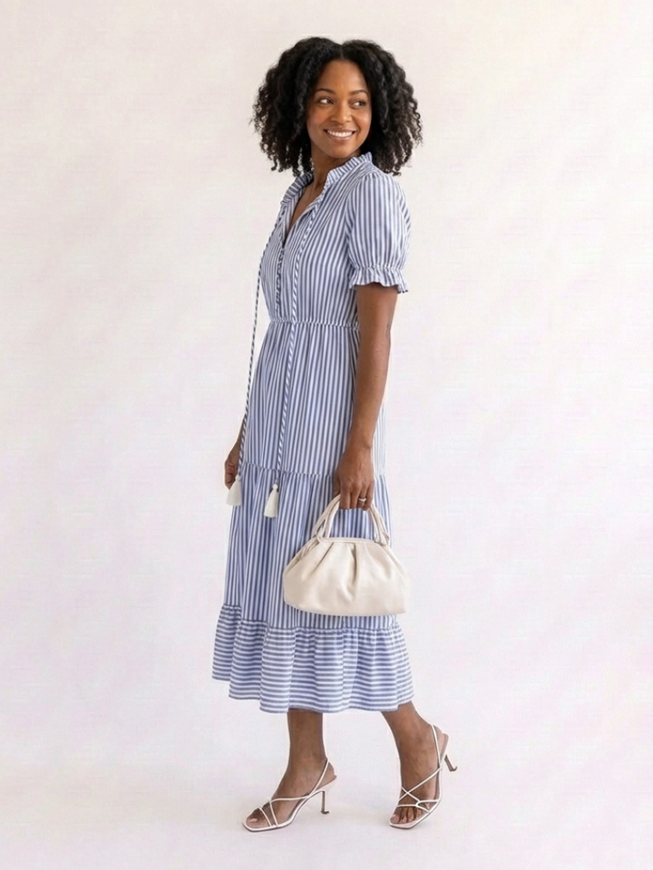 Dakota Short Sleeve Striped Tiered Midi Dress - Elena Harper