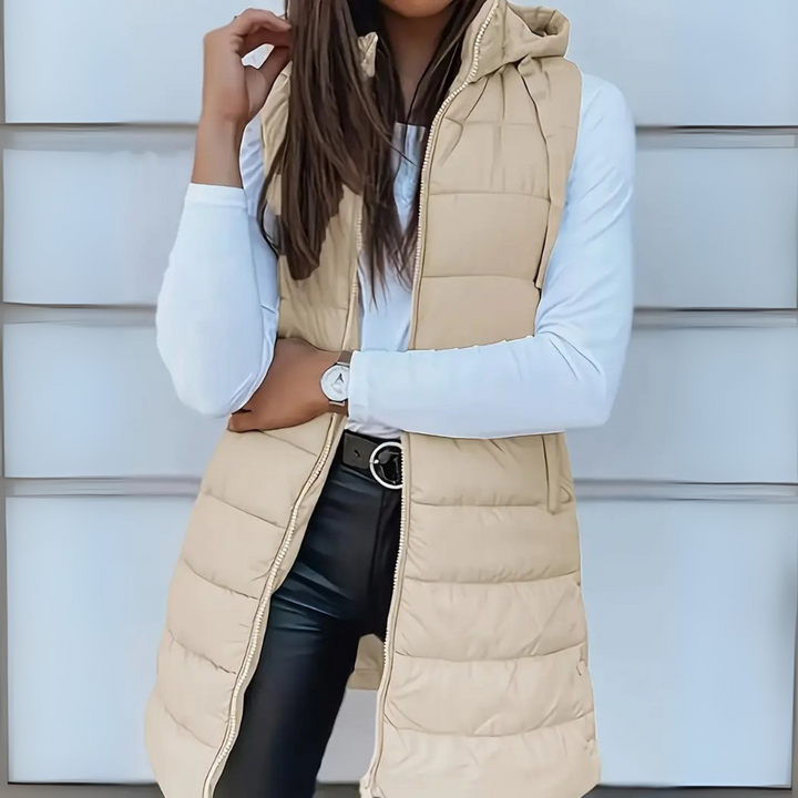Eirwen Hooded Long Puffer Vest with Lightweight Build for Women - Elena Harper