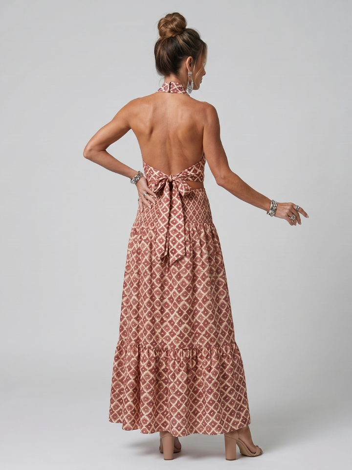 Amira Cross Halter Geometric Print Cutout Midi Dress - Elena Harper