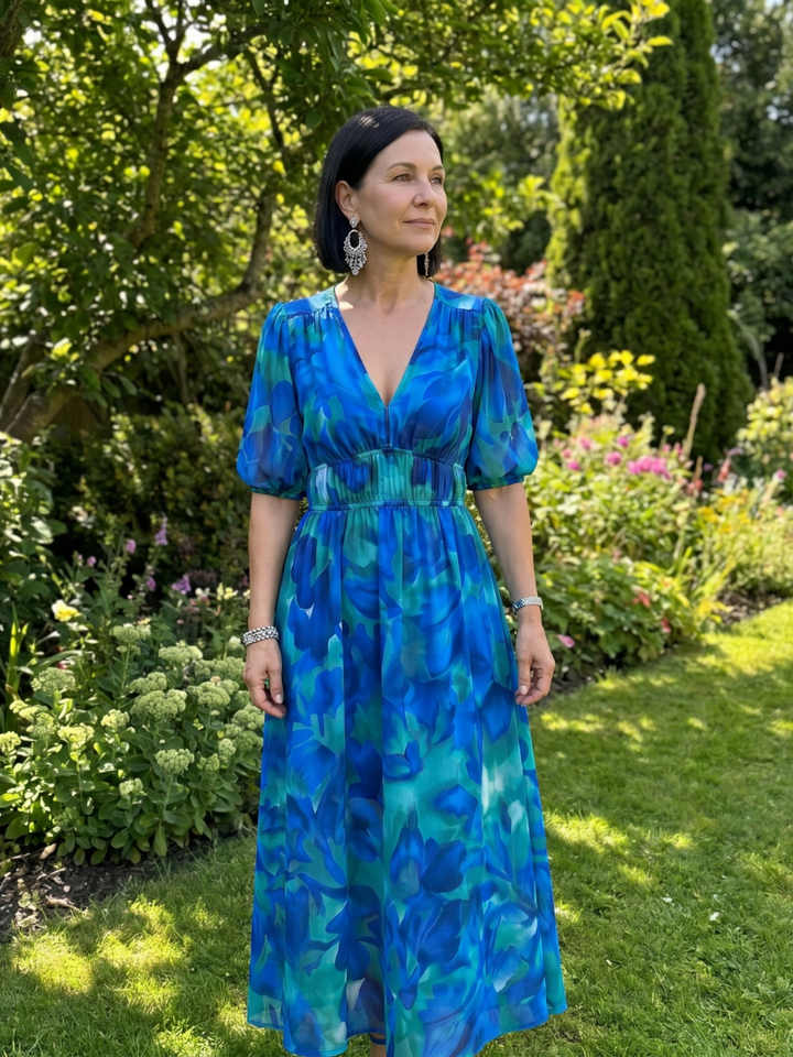 Candlia Puff Sleeve V Neck Abstract Print Midi Dress - Elena Harper