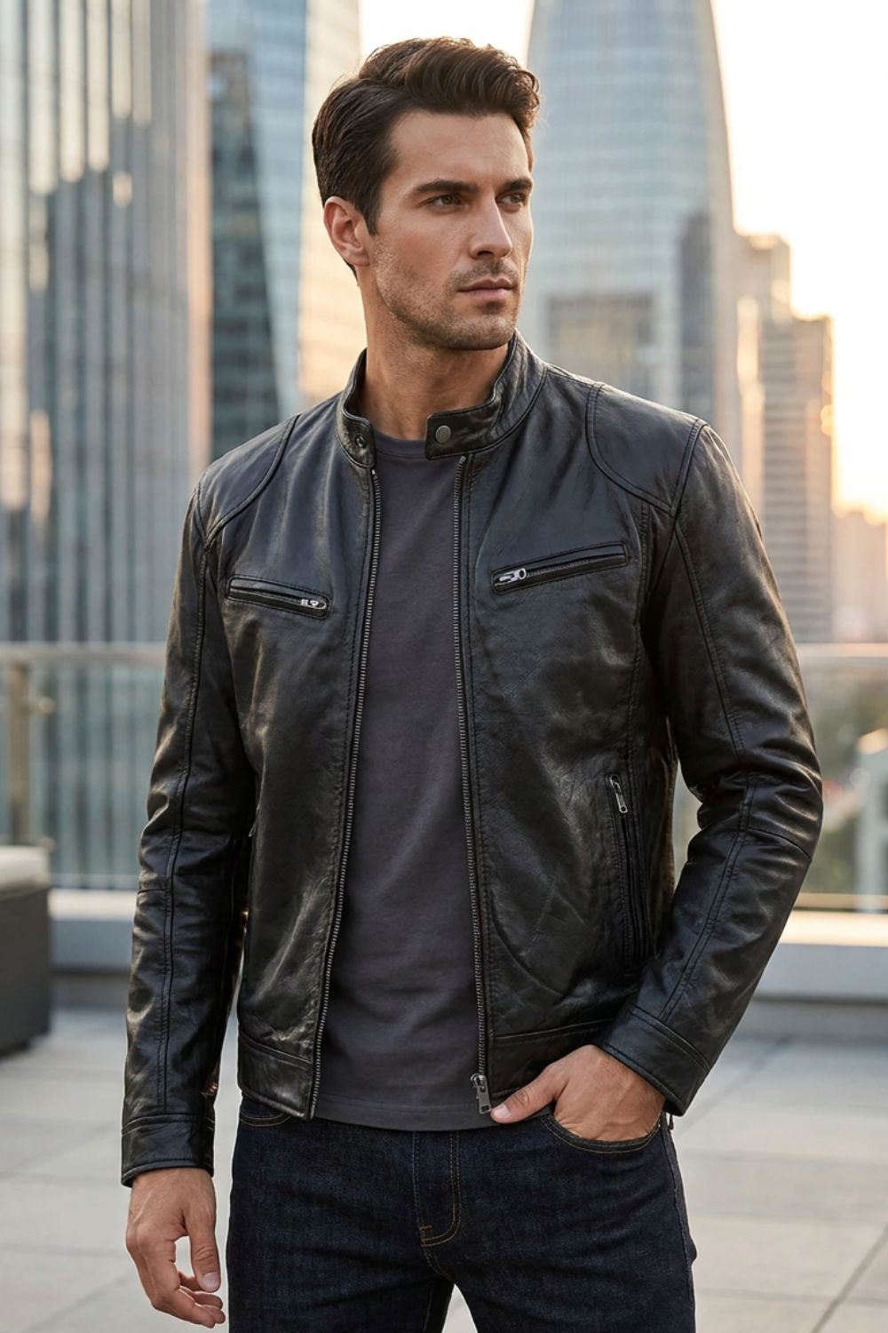Men's Moto Casual Jacket | Stand-Up Collar & Straight Zipper