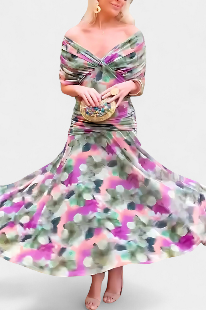 Vivian Long Flower V-neck Dress - Elena Harper