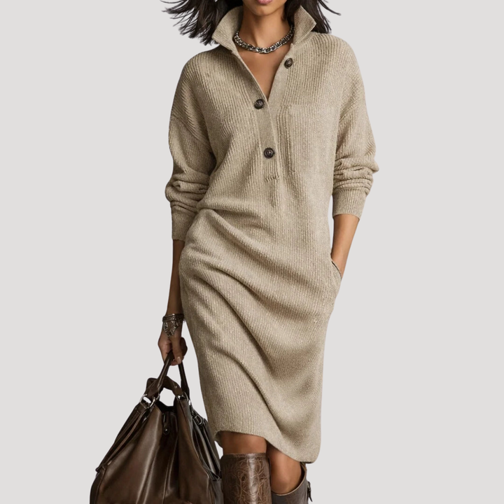 Women’s Midi Knit Dress with High Collar and Buttons