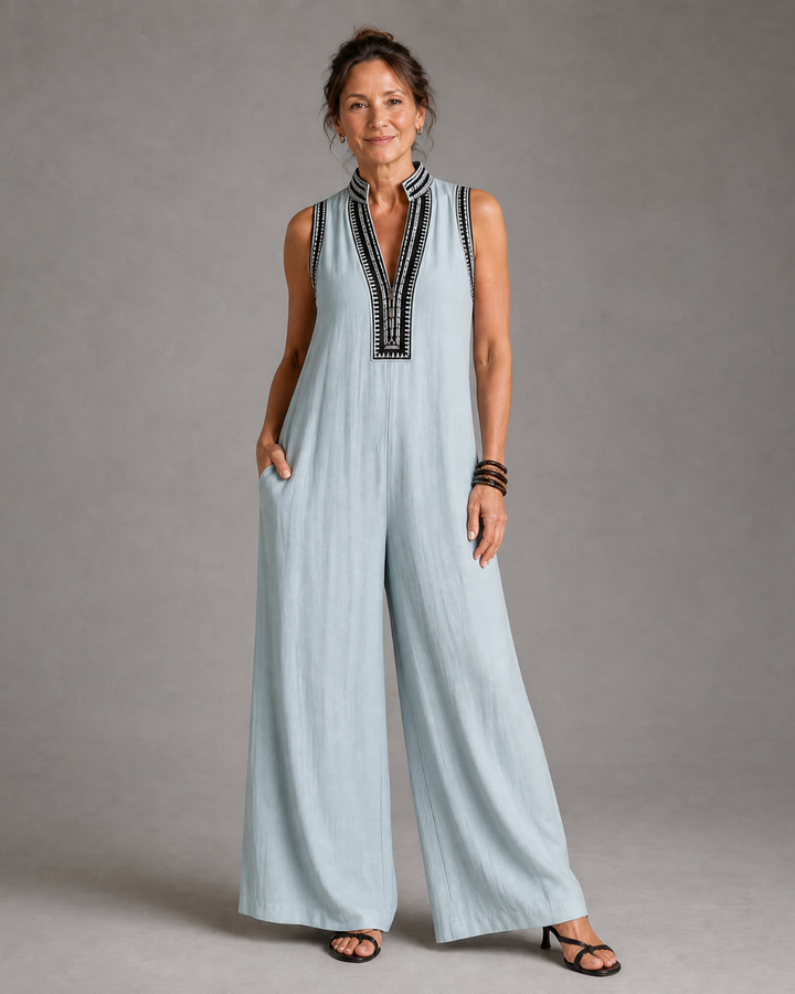Velmira Embroidered V Neck Sleeveless Wide Leg Jumpsuit - Elena Harper