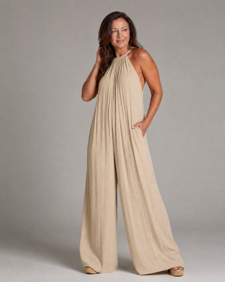 Sylvara Pleated Halter Neck Wide Leg Relaxed Jumpsuit - Elena Harper