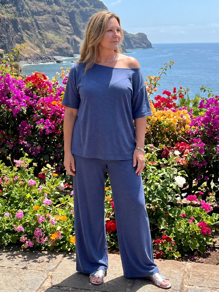 Elarim Short Sleeve Off Shoulder Top And Wide Leg Pants Set - Elena Harper