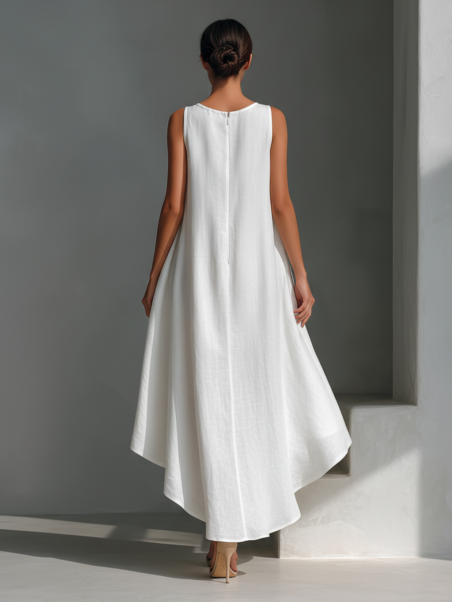 Sleeveless Midi Linen Dress for Women - Flowing and Asymmetrical