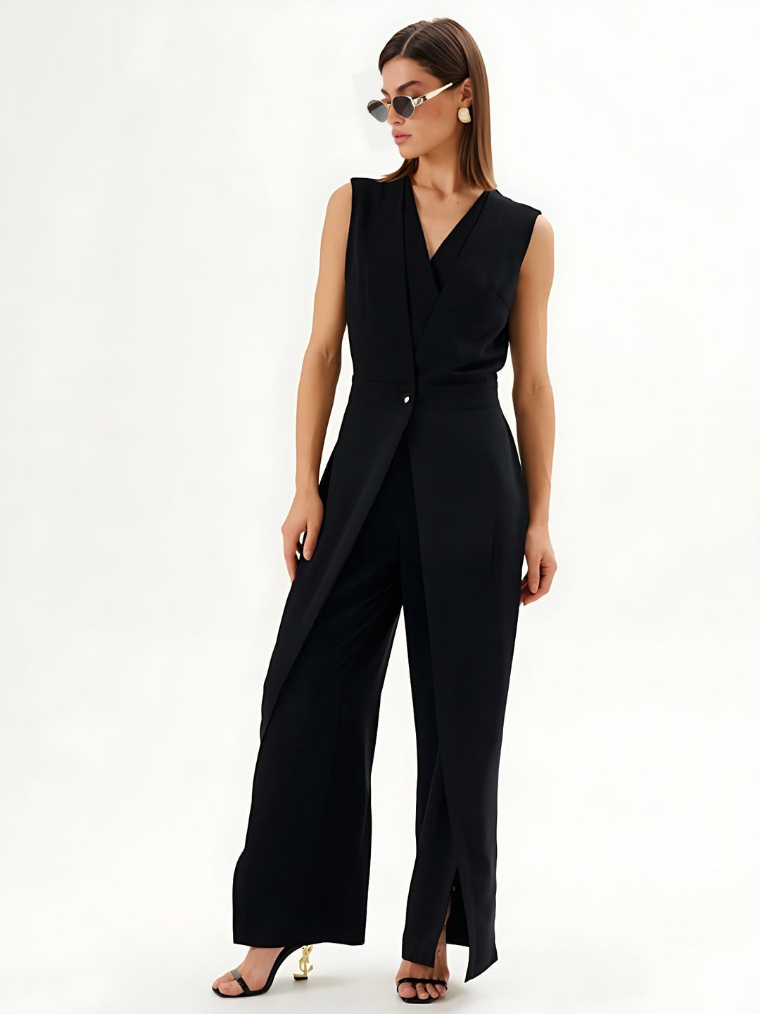 Black sleeveless jumpsuit with wrap effect and wide legs, view 4 - Elena Harper