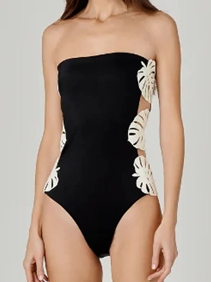 Leaf Patchwork Cutout Strapless Swimsuit, view 3 - Elena Harper
