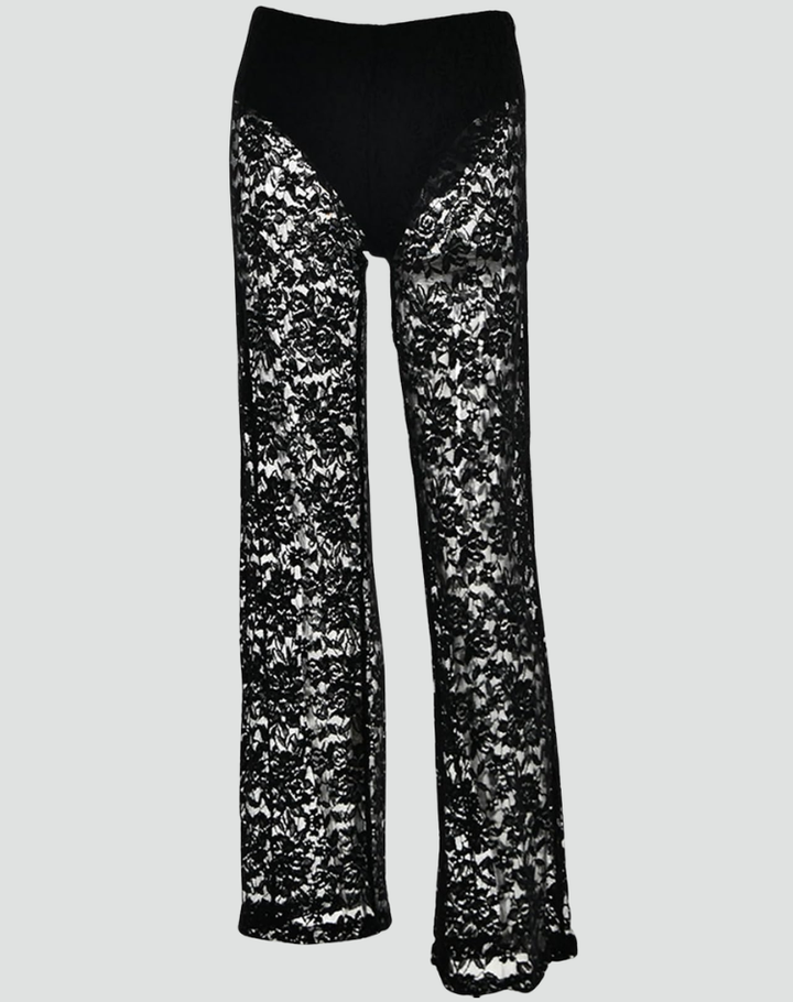 Flared Pants for Women with Lace Floral Pattern and Elastic Waist