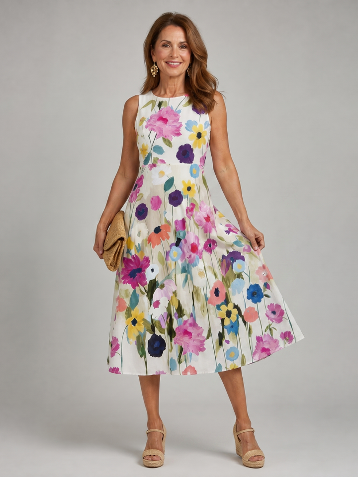Women's Vibrant Floral Print Sleeveless Midi Dress